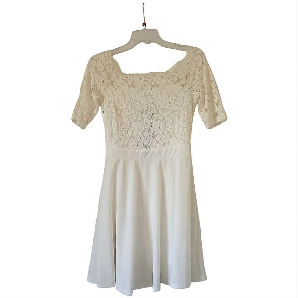 Atnlewhi Fashion White Floral Lace Mid Sleeve Swing Dress